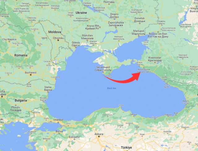 The Black Sea Fleet moves farther from the front, from Sevastopol to Novorossiysk. Image: Google Maps.