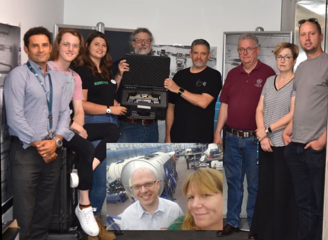 The multi-resolution scanning team prepares to send off the multi-resolution scanning payload for launch in the United States. Left –to right: Marc Elmouttie (CSIRO Project Lead), Tea Molnar, Lauren Hanson, Matt van de Werken, David Haddon, Ross Dungavell, Anna Campbell, Paul Flick  Inset: Connie Miller (Boeing Space & Launch Principal Investigator) & Leighton Carr (Boeing Australia Principal Investigator) Absent: Peter Dean, Michael Lofgren, Rosie Attwell  Image: CSIRO