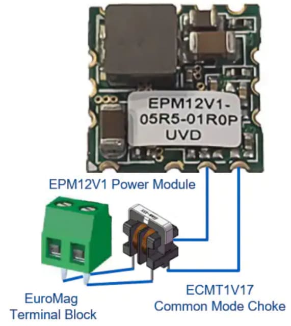 Closeup of the Eaton EPM12V1 power module, a non-isolated DC-DC converter suitable for battery management systems, connected to an Eaton common-mode choke and terminal block. (Image: Eaton.)