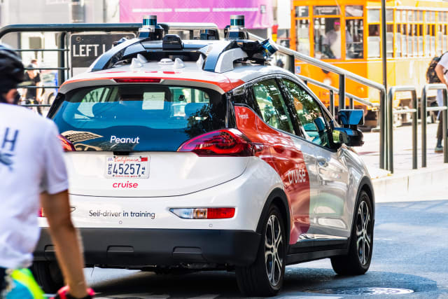 A Cruise autonomous vehicle on the streets of San Francisco in 2019 is under the watchful eye of a human in the driver’s seat. In 2020, Cruise vehicles were allowed to operate without anyone in the driver’s seat. Stock photo