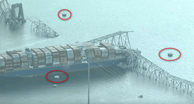 Looks like it just missed a dolphin, said Jedidad on eng-tips forum. Dolphins, circled in the photo above, are 28-foot-diameter concrete columns, which were probably insufficient against a ship the size of MV Dali. Image:EngTips.com.