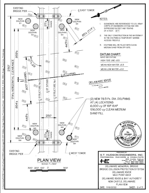 This construction drawing shows the size, position and number of structural dolphins for the Delaware Memorial Bridge. 