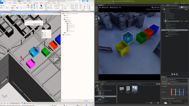 Screenshot revealing the live link between Bentley Systems MicroStation (left) and NVIDIA Omniverse (right). A change in either application is immediately reflected in the other. (Image courtesy of NVIDIA.)