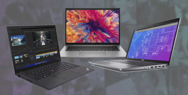 Left to right: Lenovo ThinkPad P14s Gen 3, HP ZBook Firefly G9 14”, and Dell Precision 3570.