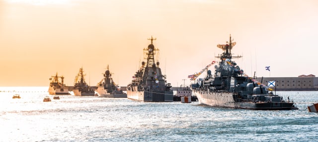 Russian warships in Sevastopol, Crimea, in July 2021. Stock photo.