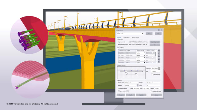 In Tekla Structures 2024, a bridge designer now has a more comprehensive modeling workflow for modeling and detailing various types of bridges and can place tension cables. Image: Trimble. 