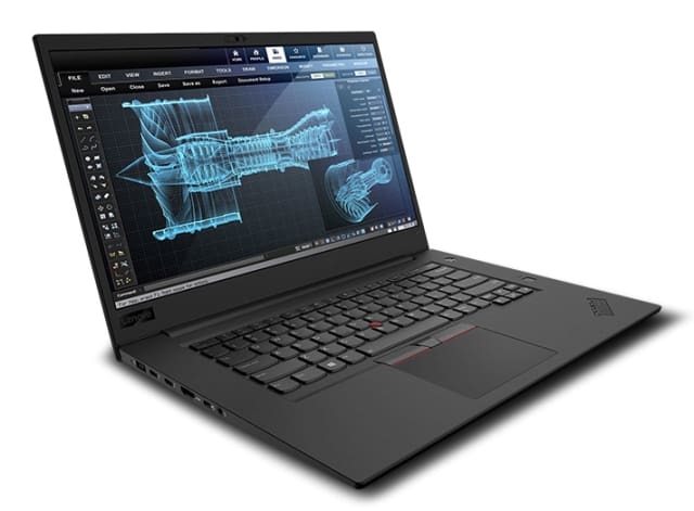 The P1 weighs less than 4 lbs (without the power supply) but has a 15.6” display with up to a 4K UHD touchscreen. Users needing the built-in numeric key pad will have to go to the 17” model, the also new P72. (Picture courtesy of Lenovo.)