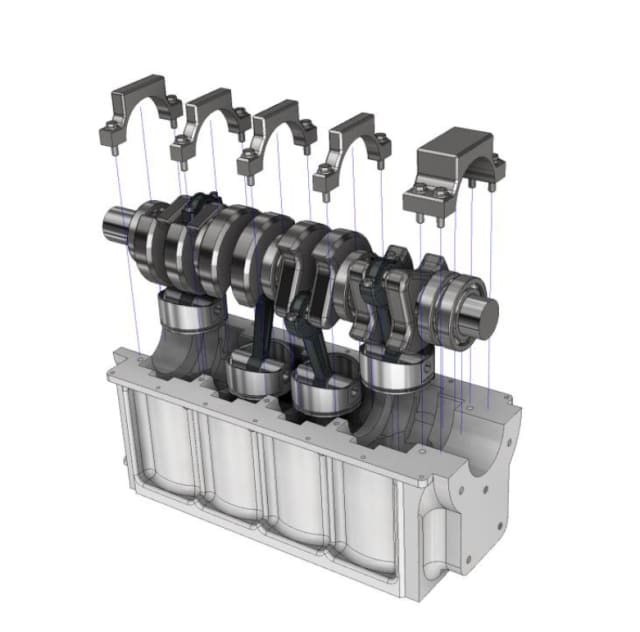 A four-cylinder engine modeled in Inventor will be optimally assembled with ProModel. (Picture courtesy of BigBear.ai.)