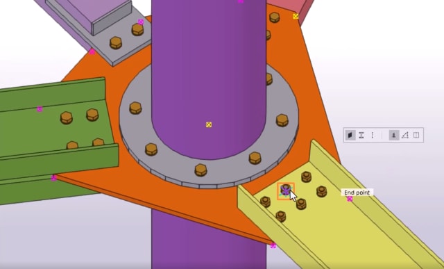 Bolts automatically added in Tekla Structures 2024. They didn’t come in properly (the bolt head should be on top), but the whole bolt group can be flipped easily enough with a single pushbutton. Image from Tekla video.