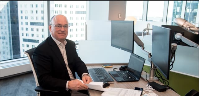 Jim Heppelmann, CEO of PTC, in happier times (before COVID) at his office in the new PTC HQ in Boston Seaport. (Picture courtesy of PTC.)