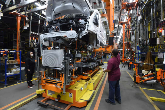 A Ford E-Transit EV cargo van on a production line at the Kansas City Assembly Plant in Missouri, which houses a mixed production line. (Image courtesy of Ford.)