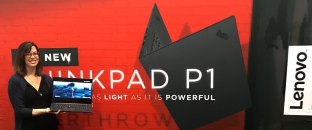 Thin, light and dressed in black. The laptop, too. Cassidy Lammers shows off the recently introduced ThinkPad P1 at SIGGRAPH 2018. Black works for Batman, stealth aircraft, and ThinkPads. For its professional products, Lenovo is not choosing to court the silvery look so admired by the Apple crowd.