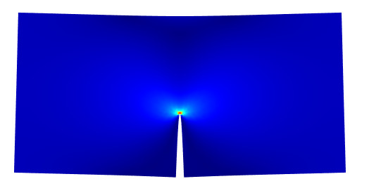 The stress concentrations of a part being bent occur near a small radius that will have to be properly meshed. The stress at the tip of this crack will be many times that of the surrounding area.(Image courtesy of COMSOL.)