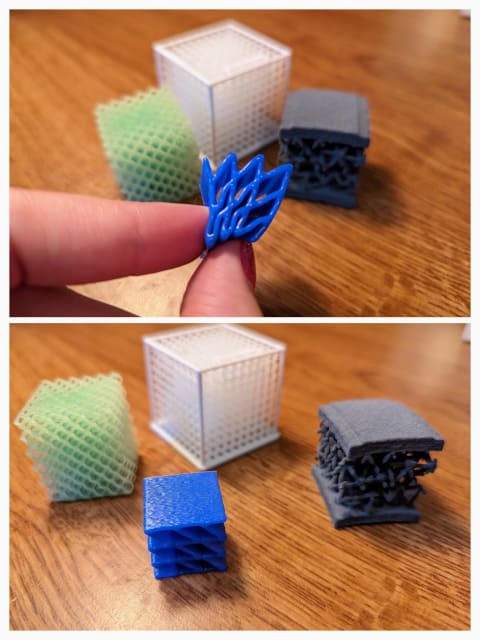 [3D printed lattices made of various polymer materials including silicone (blue, squished, from ACEO) // Image Source: Author]