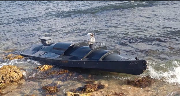 Ukrainian USV, aka sea drone washed up near the Russian naval base of Sevastopol in Crimea in September 2022. Image: X (Twitter).