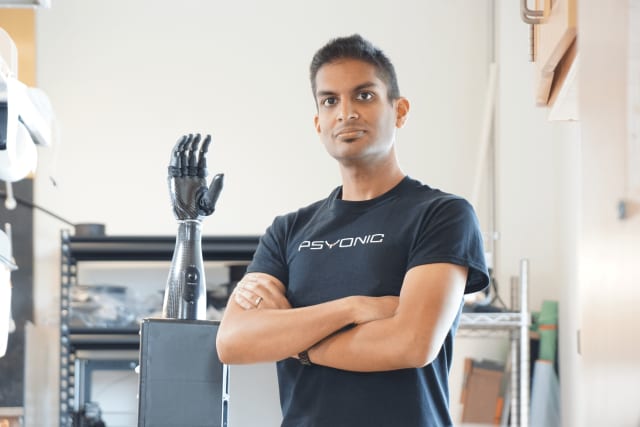 Aadeel Akhtar, founder of Psyonic, with the Ability Hand. (Image courtesy of Psyonic.)