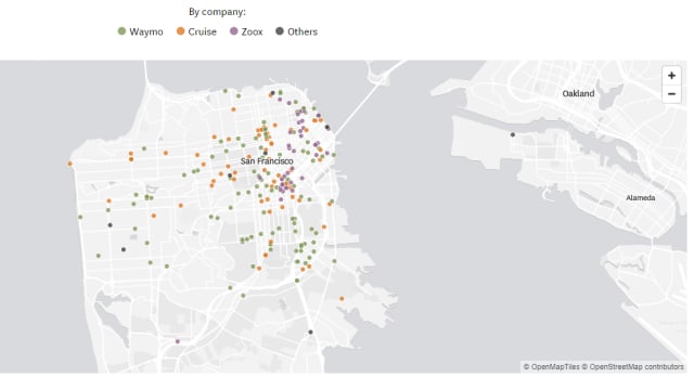 Major incidents involving autonomous vehicles in San Francisco. Image: San Francisco Chronicle.