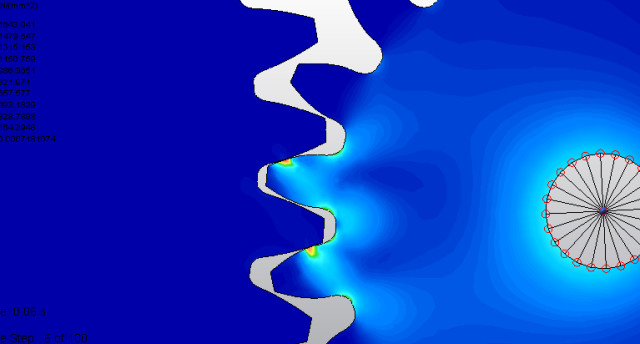 Stresses caused by the contact of surfaces on spur gears. (Image courtesy of Autodesk.)