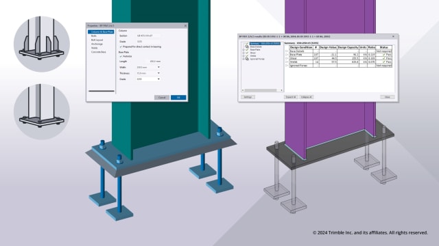 Portal frame haunch geometry and column base plates created in Tekla Structural Designer can be sent to Tekla Structures. Image: Trimble.