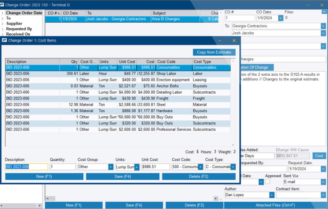 With Tekla PowerFab 2024, change orders are mapped to cost data and can be used for estimates. Image: Trimble.