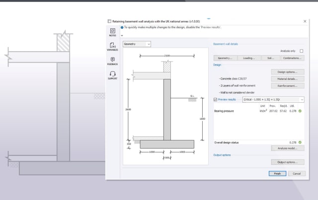 Tekla Tedds 2024 adds retaining basement wall calculations to U.S. code and Eurocode designs, and evaluates all sizes of buildings, from small residential houses to multistory underground parking garages. Image: Trimble.