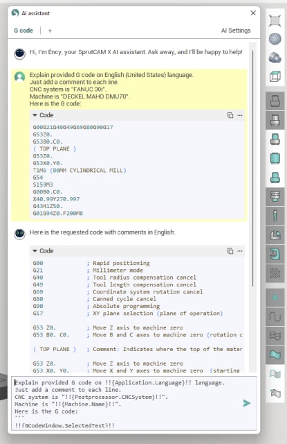 Éncy explains a few lines of G-code. (Source: SprutCAM Tech.)