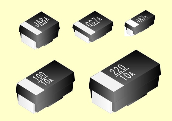 Illustration of SMD niobium electrolytic capacitors. (Image: Wikimedia / Elcap.)