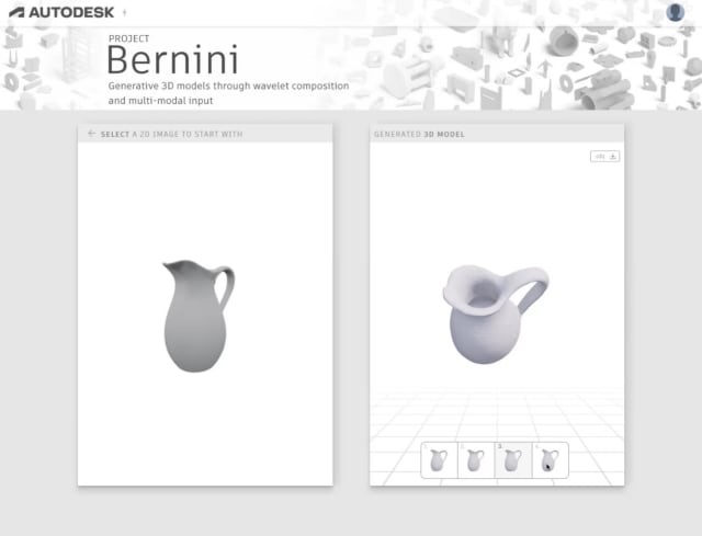 Autodesk’s Project Bernini, prompted by an image of a water pitcher (left), generates several functional 3D models (right). (Image: Autodesk.)