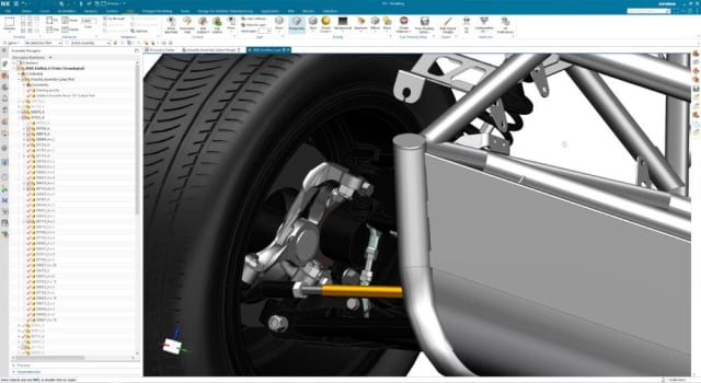 A simulation of the topology optimized steering knuckle assembly installed on the eRod (Image Source: Siemens)