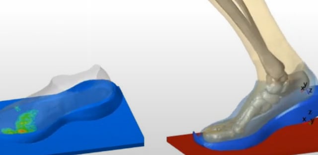 Models showing the pressure from the foot on the outsole during the toe-off phase of the walking gait cycle. (Source: Hexagon.)