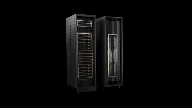 The Nvidia GB200 NVL72 rack-based system for LLM training and inference. “When someone says GPU, I see this,” Huang said during his GTC keynote in San Jose. (Image: Nvidia.)