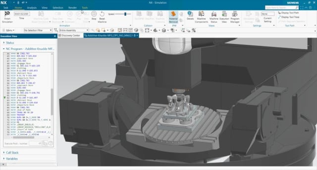 NX CAM G-Code driven simulation of the 3D printed steering knuckles (Image Source: Siemens)