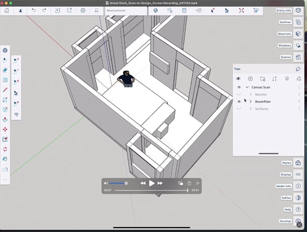 The SketchUp model appears when you turn off the layers for the mosaic.