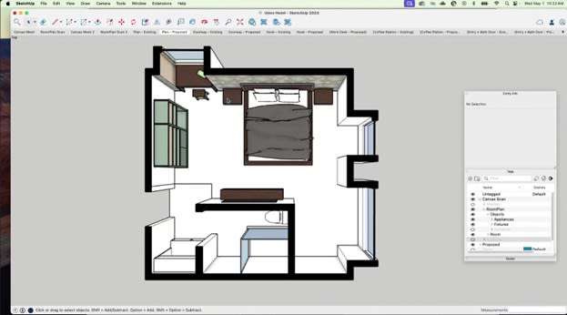 Since SketchUp recognizes objects, such as beds, furniture, etc., they can be easily swapped out. Upgrade your hotel room by switching out furniture and rearranging walls for better space utilization.