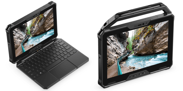 The Dell Latitude 7030 Rugged Extreme with the detachable keyboard (left) and rugged handle (right). (Image: Dell.)