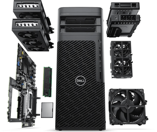 An exploded view of the Dell Precision 7875 Tower, a workstation that uses the AMD Ryzen Threadripper Pro 7000 WX series CPUs. (Image: Dell.)